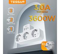 TESSAN Ladron Enchufes Plano con USB C, 6 en 1 Ladrón Enchufes Multiples USB, Triple Cargador Multiple 3600W, Regleta Pared para Oficina, Cocina, Compatible con Móviles, Blanco y Gris