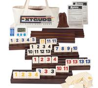 Extguds Juego de cubo de rummy para 6 jugadores, juego clásico de cubos de rummy de azulejos grandes, con 6 estantes de madera, 160 azulejos de rummy, bolsa de lona portátil, 1 temporizador, 1 bolsa