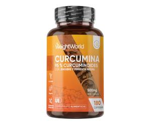 Extracto de Cúrcuma 25000mg* con Pimienta Negra y Jengibre para 6 Meses | 95% de Curcuminoides 180 Cápsulas Veganas de Extracto 50:1 - Sin OGM ni Estearato de Magnesio - WeightWorld
