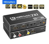 Extractor de audio con 2 puertos HDMI 2,0 para PS5, 4K, 60Hz, 5,1 CH, HDMI2.0b, HDMI ARC Switch con audio toslink, estéreo, HDCP 2,2, 4K, 60Hz check remarks