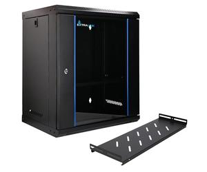 Extralink Armario Rack de 19" 12U - Armario de Red de 400 mm, Estante Incluido, Montaje en Pared o Suelo, hasta 60 kg, Apertura de 180°, Negro - para Red doméstica y Equipos informáticos