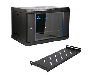 Extralink Armario Rack de 19" 6U - Armario de Red de 400 mm, Estante Incluido, Montaje en Pared o Suelo, hasta 60 kg, Apertura de 180°, Negro - para Red doméstica y Equipos informáticos
