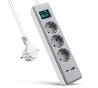 EXTRASTAR Regleta Enchufe con 3 Tomas y 2 Puertos de USB（USB A+USB C）, MAX.PD20W， Alargador Enchufe con Interruptor, 3 m, para El Hogar, La Oficina y Los Viajes，Blanco+Gris