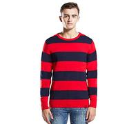 Extreme Pop Suéter Rayado Estampado de los Hombres Manga Larga Cuello Crew (L, Rojo)