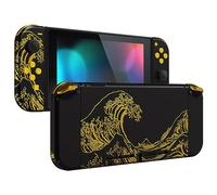eXtremeRate Carcasa con Botones para Nintendo Switch - Funda Protectora de Reemplazo para Joycons y Consola, Shell Placa con Teclas para Nintendo Switch Accesorios (La Gran Ola Dorada-Negro)