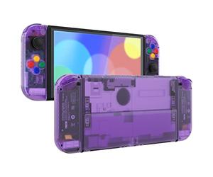eXtremeRate Carcasa Transparente para Nintendo Switch OLED, Tapa Trasera & Soporte Placa con Botones Coloridos para NSO, Funda Protectora NS Joycons - Violeta