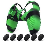 eXtremeRate PlayVital Funda de Silicona para ps5 Mando - Carcasa Protectora con 6 Tapas de Joysticks, Impermeable, Resistente y Antideslizante, Funda de Goma Suave, 3D Tachonado (Verde Negro)