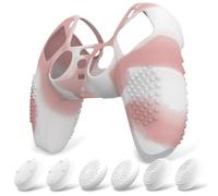 eXtremeRate PlayVital Funda de Silicona para ps5 Mando - Carcasa Protectora con 6 Tapas de Joysticks, Impermeable, Resistente y Antideslizante, Funda de Goma Suave, 3D Tachonado (Blanco Rosa)