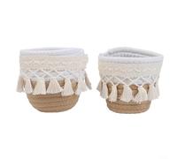 EXTRWORY Paquete de 2 cestas redondas tejidas con diseño de flecos de borla, 10 x 10 x 10 cm, organizador de escritorio de cuerda de algodón para brochas de maquillaje, uso doméstico (curry)