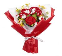 EXTRWORY Ramo de flores de ganchillo hecho a mano Arreglo de clavel de punto artificial para la decoración casera y regalo (rojo)