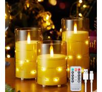 EXTSUD 3 velas LED con cadena de luces y temporizador, recargables, con mando a distancia, sin llama, velas acrílicas para decoración del hogar, Navidad, cumpleaños y fiestas