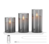 EXTSUD Velas LED sin llama parpadeantes con estación de carga y función de temporizador con mando a distancia,10 13 15cm Juego de 3 velas LED de cristal recargables velas Decoración Romántica