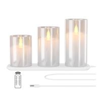 EXTSUD Velas LED sin llama recargables con estación de carga y mando a distancia, juego de 3 velas decorativas intermitentes de cristal con temporizador para fiestas, cumpleaños, bodas (blanco)