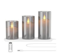EXTSUD Velas LED sin llama recargables con estación de carga y mando a distancia, juego de 3 velas decorativas intermitentes de cristal con temporizador para fiestas, cumpleaños, bodas (Gris)