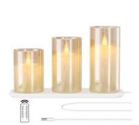 EXTSUD Velas LED sin llama recargables con estación de carga y mando a distancia, juego de 3 velas decorativas intermitentes de cristal con temporizador para fiestas, cumpleaños, bodas (Marrón)