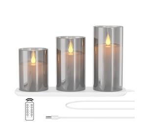 EXTSUD Velas LED sin llama recargables con estación de carga y mando a distancia, juego de 3 velas decorativas intermitentes de cristal con temporizador para fiestas, cumpleaños, bodas (Gris)