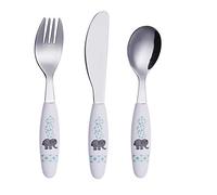 Exzact - Cubertería infantil de acero inoxidable, 3 piezas, 1 tenedor, 1 cuchillo de cena seguro, 1 cuchara de cena (3 elefante)