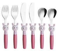 Exzact - Juego de 6 cubiertos de acero inoxidable para niños, 2 tenedores, 2 cuchillos seguros, 2 cucharas de cena (6 conejos)