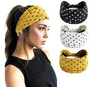 Eyanse Diademas anchas bohemias para mujer, vintage, retro, lunares, moda, yoga, entrenamiento, tela anudada, antideslizante, paquete de 3, negro, blanco y amarillo