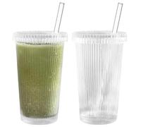 Eyccier 2pcs copas de vidrio acanalado 375 ml de tazas de vidrio transparente con tapas y pajitas de pajitas múltiples de rayas verticales para café helado, bebida, leche, cócteles.