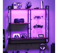 EYCOAL - Estantes flotantes para juegos, estante de exhibición de madera montado en la pared con luces LED de 34 pulgadas y estante de vino de barra de vidrio ajustable, ganchos adicionales para