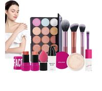 Eye and Face Makeup Kit, Eyeshadow Palette, Practical and Complete Kit Face Primer, Brushes, Blush Stick, Loose Powder, Long-Lasting, 12-Piece Set, for Women, Girls, Teens, 6.3x5.31in