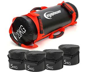 EYEPOWER 20kg Power Bag + 4 Pesi Kettlebell con Sabbia di Ferro - 6 Maniglie Fitness Sandbag per Allenamento Forza - 20x60 Borsa del Peso - Sand Bag per Sport in Casa - Attrezzi Palestra Box Squat