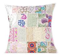 Eyes of India - Completo Color Patchwork Almohada Decorativa Sofá Funda Funda Sofá India Bohemia Acento Boho Chic Hecho a Mano Funda - Blanco, 16 X 16 In. (40 x 40 cm)