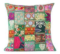 Eyes of India - de Colores Patchwork Almohada Decorativa Sofá Funda de Cojín Sofá Manta Indio Bohemia de Colores Bohemio Cubierta - Verde Oscuro, 24 X 24 in. (60 X 60 cm)