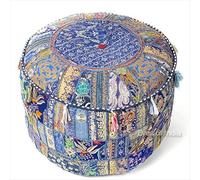 Eyes of India - de Colores Patchwork Puf Otomano Redondo Puf Cubierta Suelo Asiento Bohemio Elegante Bohemio Adorno Indio Hecho a Mano - Azul, 17 X 12 in. (43 X 30 cm)