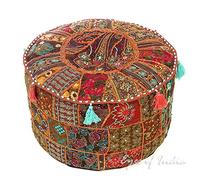 Eyes of India - de Colores Patchwork Puf Otomano Redondo Puf Cubierta Suelo Asiento Bohemio Elegante Bohemio Adorno Indio Hecho a Mano - Marron, 22 X 12 in. (55 X 30 cm)