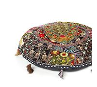 Eyes of India - Redondo de Colores Patchwork Piso Decorativo Almohada Cubierta Meditación Cojín Asiento Manta India Boho Elegante Bohemio Adorno Hecho a Mano Cubierta - Negro, 28 in. (70 cm) Diameter