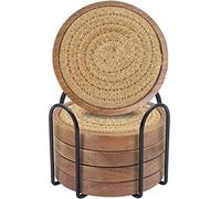 Eykao Juego de 5 Posavasos absorbentes para Bebidas, Posavasos Tejidos con Soporte, Posavasos de Madera para Mesa de café, Regalo de inauguración de la casa para decoración del hogar de Granja, 4