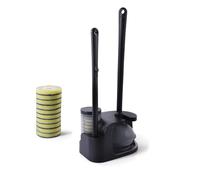 Eyliden Disposable Toilet Brush and Plunger Combo, Wand Set with 10pcs Refill Heads and Storage Caddy, Compact Toilet Cleaning System (Black)