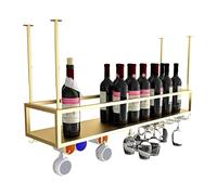 EYLINK Botellero Colgante, botellero de Techo de Metal, Altura y Ancho Ajustables, Soporte de Almacenamiento de Vino con Pantalla Dorada con Estante de Vidrio para Copas, para Debajo del gabinete/c