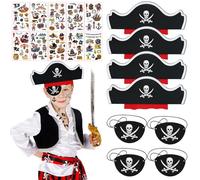 Eymobad Juego de 18 piezas de Halloween piratas para niños, sombrero pirata, máscara de ojos de fieltro, tatuajes piratas, accesorios para cumpleaños, Halloween, fiesta pirata