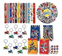 Eymobad Juego de 84 obsequios para moto, coche de carreras, niños, cumpleaños, fiestas, accesorios para fiestas, motos, cumpleaños, regalos con llavero, bolsas de regalo