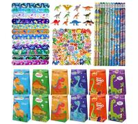 Eymobad Juego de 98 piezas para el cumpleaños de los niños dinosaurios,12 bolsas de regalo,12 hebillas,12 lápices,12 juguetes de dinosaurios,50 pegatinas, niñas para el cumpleaños de los niños