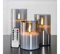 Eywamage Velas Parpadeantes Sin Llama de Cristal Gris Plateado Con Control Remoto - Paquete de 3 Velas LED Falsas Realistas de 3, 4, 5 y 6 Pulgadas de Alto