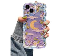 EYZUTAK Funda para iPhone 13, colorida pintura al óleo retro, diseño de flores y lunas, láser, bonito borde ondulado, exquisita, funda protectora de TPU duradera para niñas y mujeres, morado y blanco