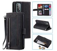 EYZUTAK Funda tipo cartera para Samsung Galaxy A52,A52S 5G, retro mate 9 ranuras para tarjetas con cierre magnético de piel sintética con correa para la muñeca a prueba de golpes Folio Flip Case,Negro