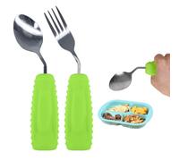 EZ Assistive Cuchara y tenedor adaptativos fáciles de sostener para alimentación independiente, utensilios pesados para temblores de manos (mano derecha, 1 juego de cuchara y tenedor verde)