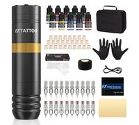 EZ Kit de Máquina de Tatuar - Kit de Tatuaje con Rotulador para Máquina de Tatuar, Batería de 1500 mAh Fuente de Alimentación, 20Pzs Agujas de Tatuaje Surtido para Tatuadores (Caster Dorado)