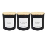 Ezebesta 3 bidones de baño modernos de 400 ml, con 12 etiquetas, tapa de madera, frasco de cristal grueso, soporte para bastoncillos de algodón para almohadillas de algodón, organización de