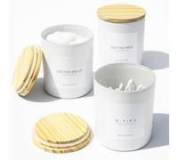 Ezebesta Juego de 3 botes de baño blancos de 400 ml con 12 etiquetas y tapa de madera, juego de tarros de vidrio grueso para bolas de algodón y almohadillas, decoración minimalista