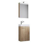 Ezooza LineaViva - Mueble colgante con lavabo blanco de cerámica de alta calidad y espejo con luz LED, roble Sonoma