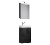 Ezooza LineaViva - Mueble colgante con lavabo de cerámica de alta calidad y espejo con luz LED, color negro, lavabo blanco