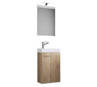 Ezooza LineaViva - Mueble colgante con lavabo de cerámica de alta calidad y espejo con luz LED, roble Sonoma, lavabo blanco