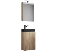 Ezooza LineaViva Mueble suspendido con lavabo de cerámica de alta calidad y mueble espejo, roble sonoma, lavabo negro