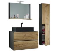 Ezooza Luce - Juego de baño de 4 piezas, mueble suspendido, 2 cajones con lavabo negro, XL, de cerámica, incluye 1 columna y espejo, antracita/roble